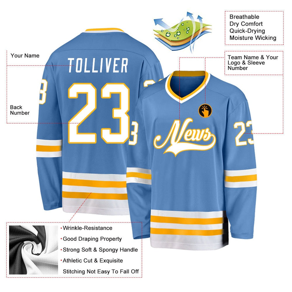 Usa Hockey Jersey, Custom Light Blue White Gold Hockey Jersey, Team Hockey Jerseys