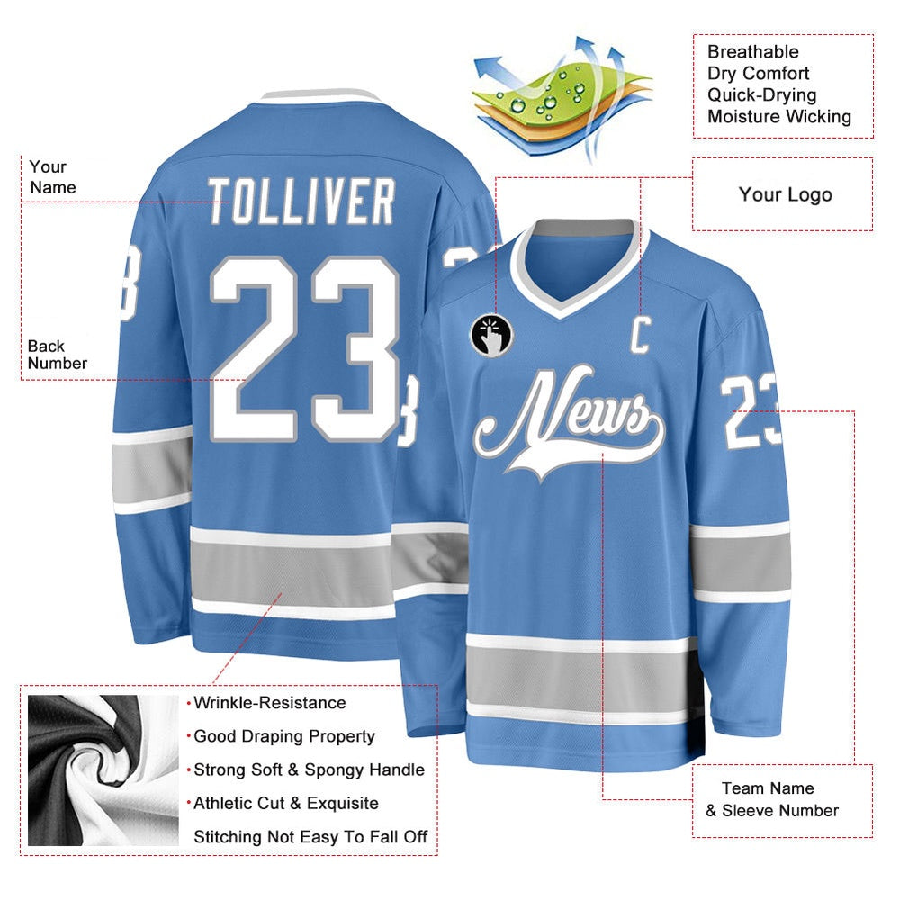 Usa Hockey Jersey, Custom Light Blue White Gray 1 Hockey Jersey, Team Hockey Jerseys