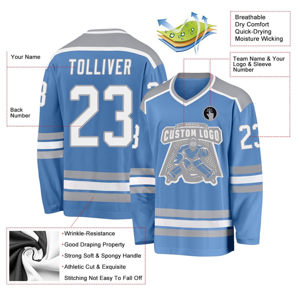 Usa Hockey Jersey, Custom Light Blue White Gray Hockey Jersey, Team Hockey Jerseys