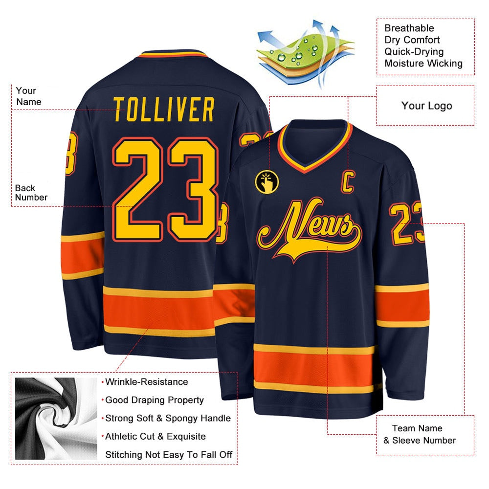 Usa Hockey Jersey, Custom Navy Gold Orange Hockey Jersey, Team Hockey Jerseys