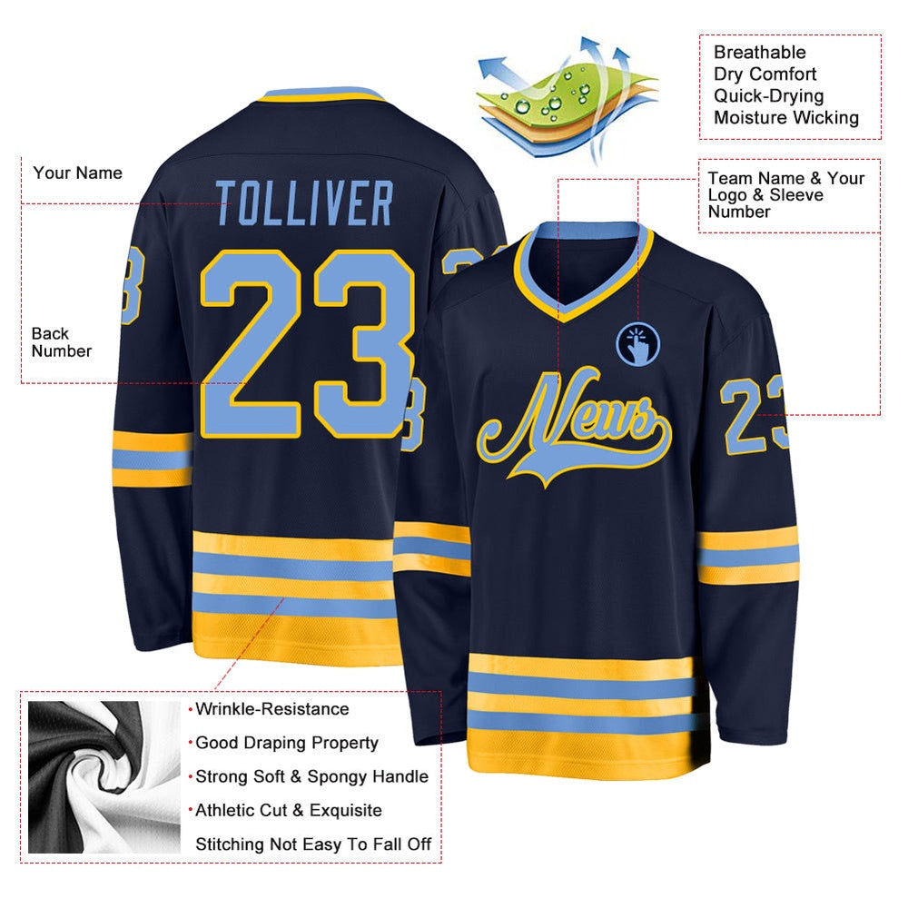 Usa Hockey Jersey, Custom Navy Light Blue Gold Hockey Jersey, Team Hockey Jerseys