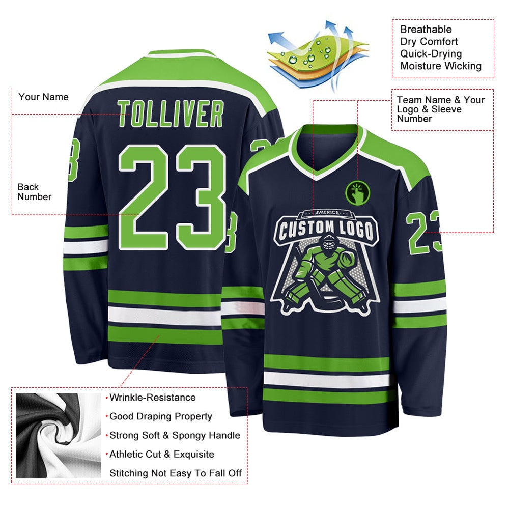 Usa Hockey Jersey, Custom Navy Neon Green White Hockey Jersey, Team Hockey Jerseys