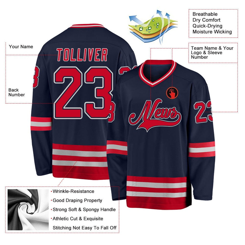 Usa Hockey Jersey, Custom Navy Red Gray Hockey Jersey, Team Hockey Jerseys