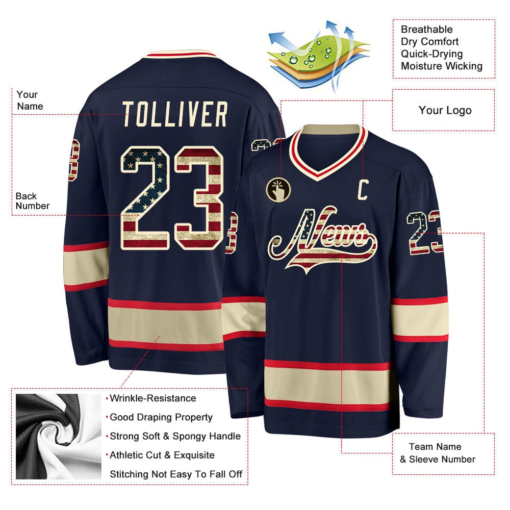 Usa Hockey Jersey, Custom Navy Vintage USA Flag Cream Hockey Jersey, Team Hockey Jerseys