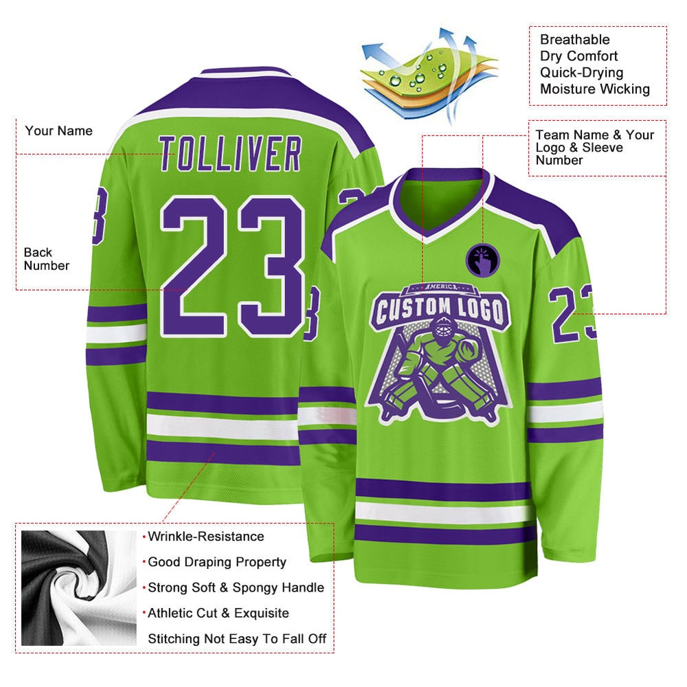 Usa Hockey Jersey, Custom Neon Green Purple White Hockey Jersey, Team Hockey Jerseys