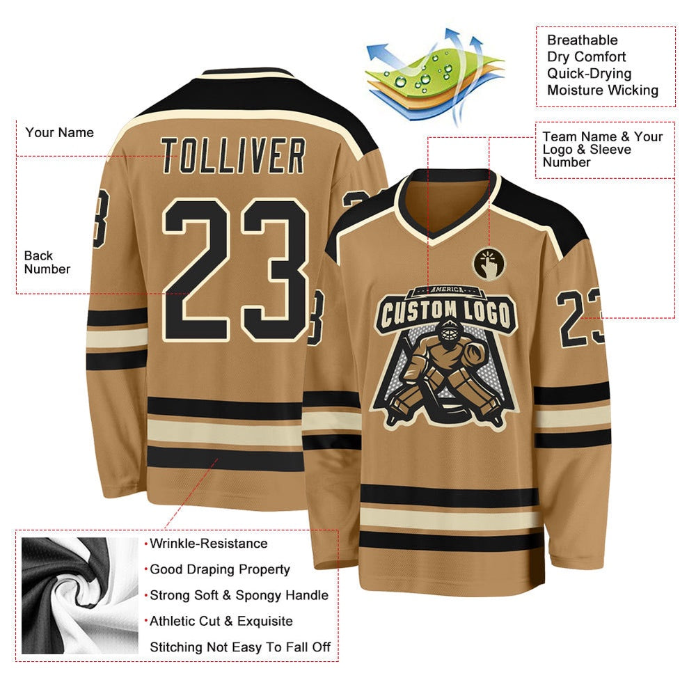Usa Hockey Jersey, Custom Old Gold Black Cream 1 Hockey Jersey, Team Hockey Jerseys