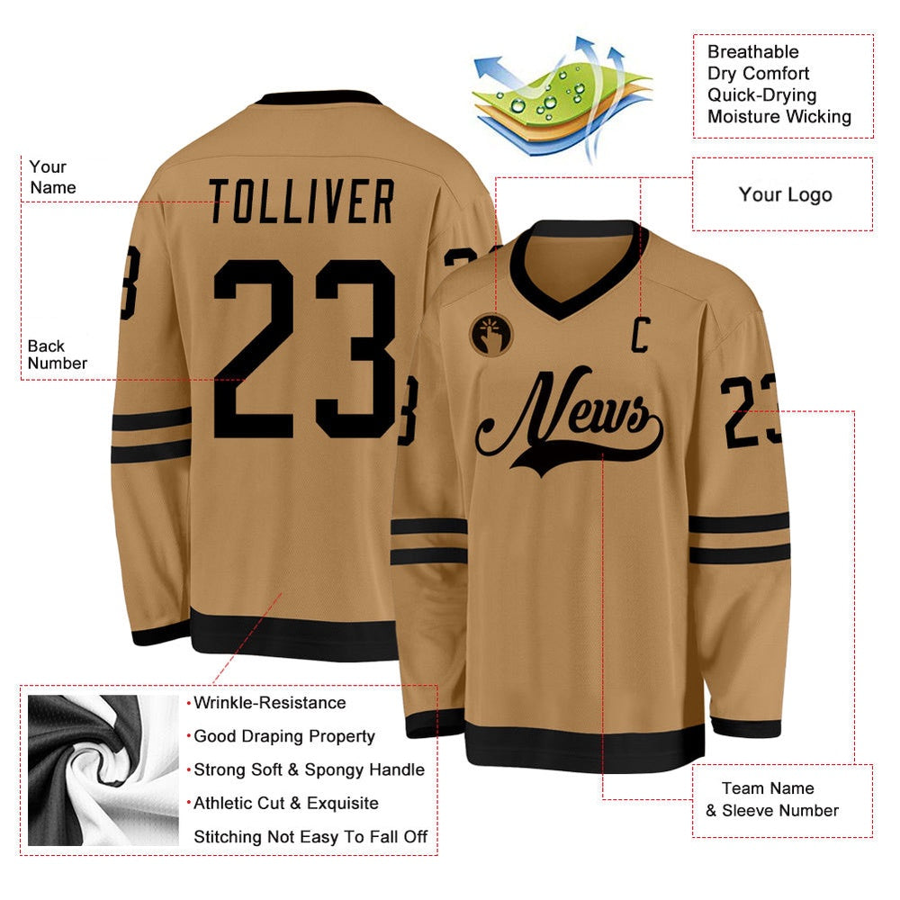 Usa Hockey Jersey, Custom Old Gold Black Hockey Jersey, Team Hockey Jerseys