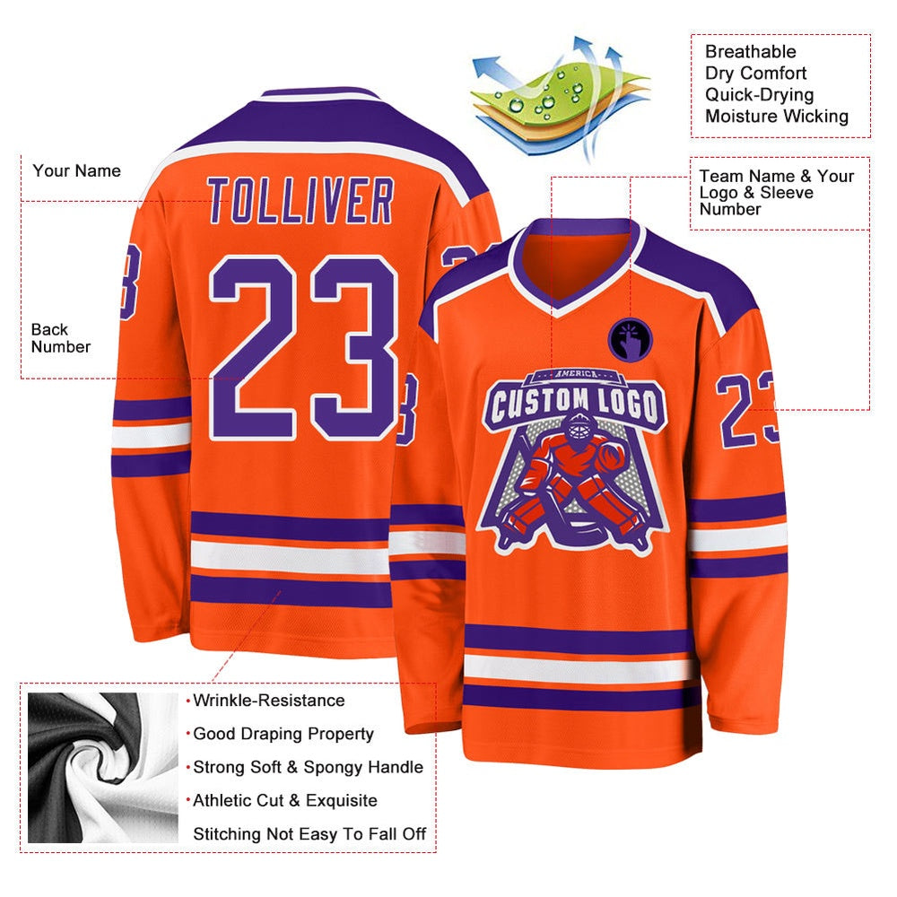 Usa Hockey Jersey, Custom Orange Purple White Hockey Jersey, Team Hockey Jerseys