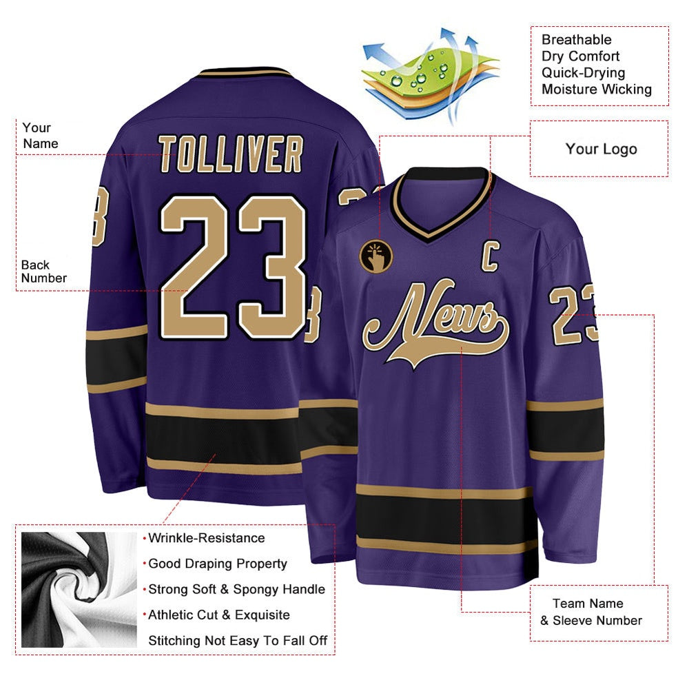 Usa Hockey Jersey, Custom Purple Old Gold Black Hockey Jersey, Team Hockey Jerseys