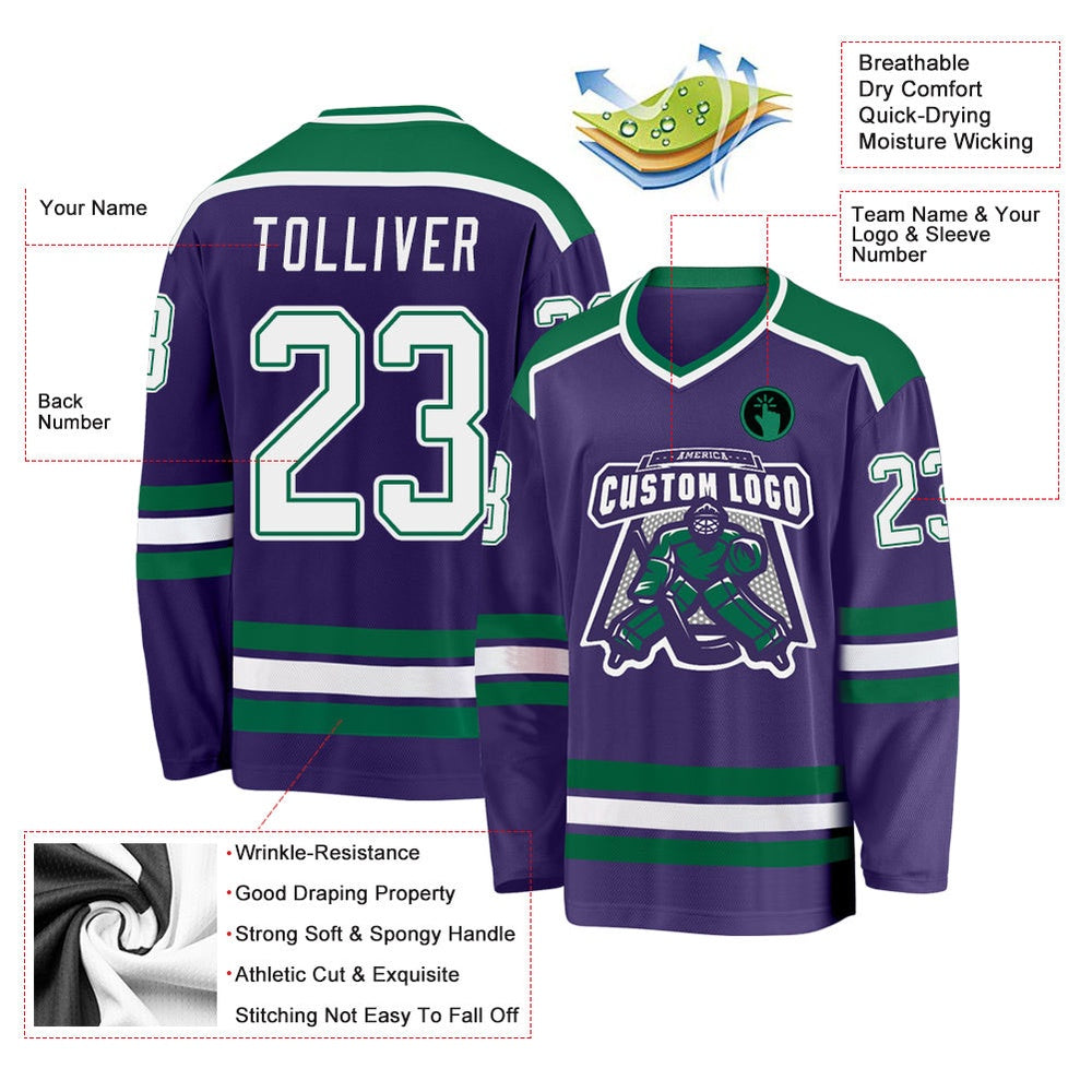 Usa Hockey Jersey, Custom Purple White Kelly Green Hockey Jersey, Team Hockey Jerseys