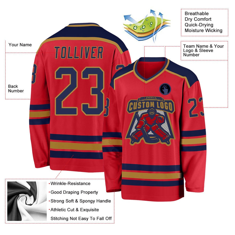 Usa Hockey Jersey, Custom Red Navy Old Gold Hockey Jersey, Team Hockey Jerseys