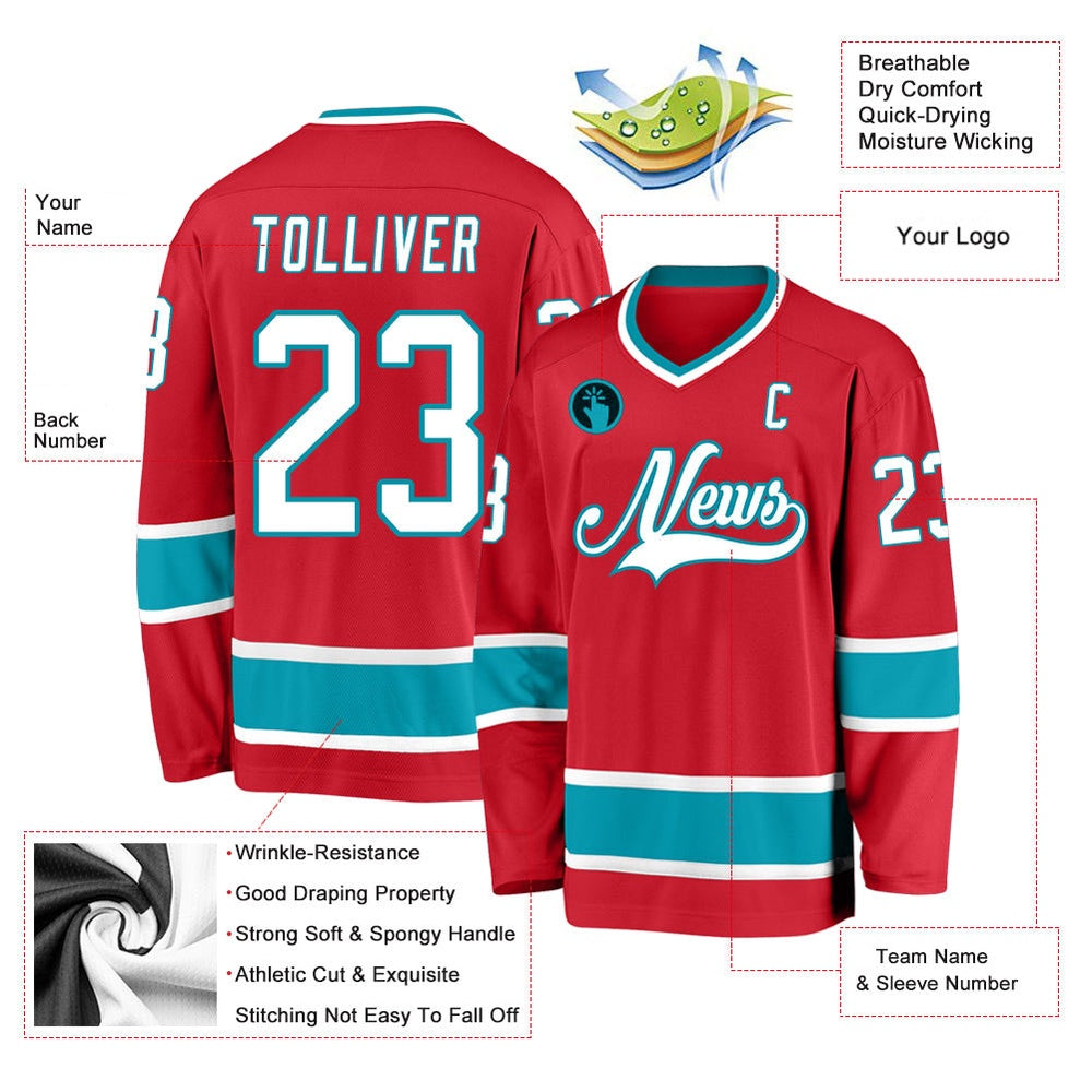 Usa Hockey Jersey, Custom Red White Teal Hockey Jersey, Team Hockey Jerseys