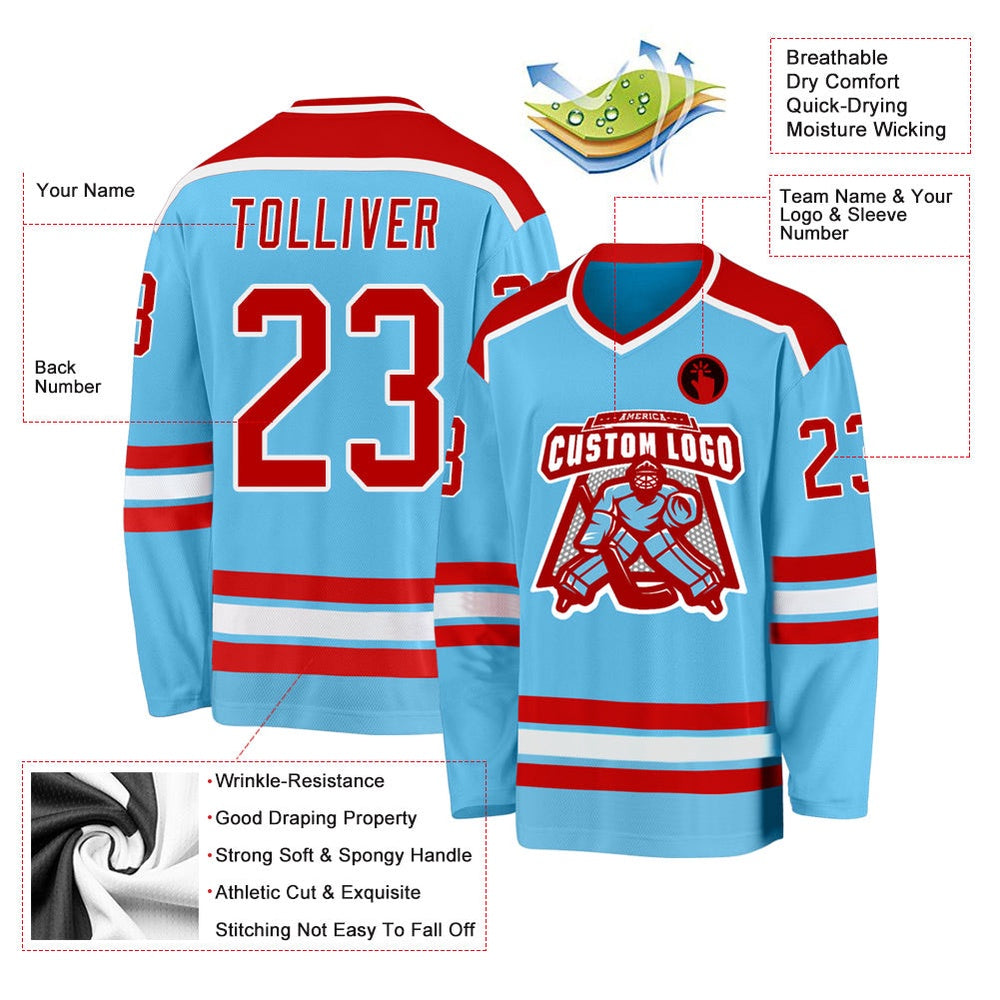 Usa Hockey Jersey, Custom Sky Blue Red White Hockey Jersey, Team Hockey Jerseys