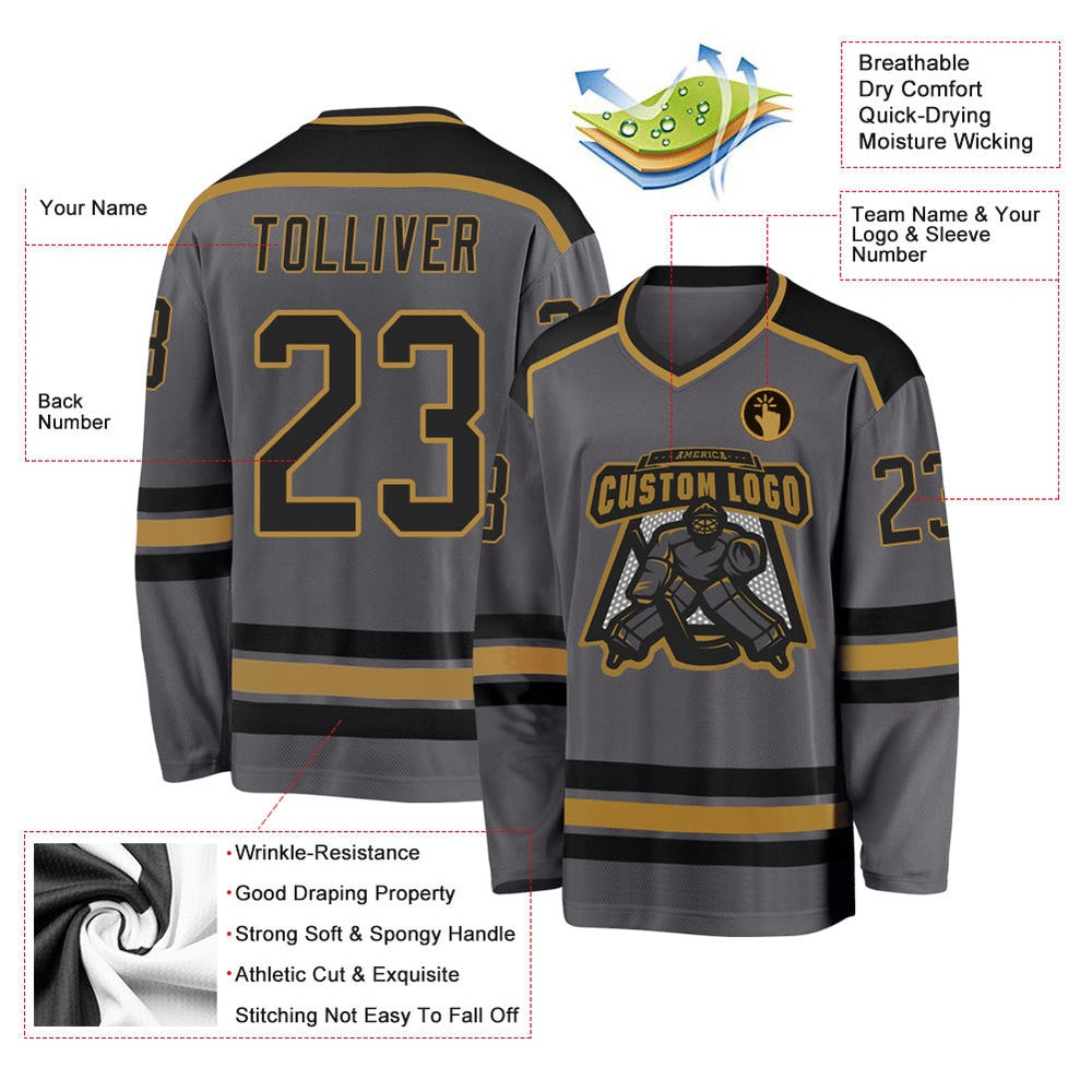 Usa Hockey Jersey, Custom Steel Gray Black Old Gold Hockey Jersey, Team Hockey Jerseys