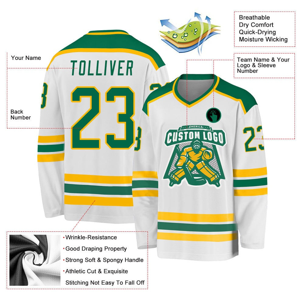 Usa Hockey Jersey, Custom White Kelly Green Gold 1 Hockey Jersey, Team Hockey Jerseys
