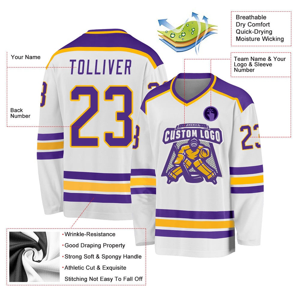 Usa Hockey Jersey, Custom White Purple Gold Hockey Jersey, Team Hockey Jerseys