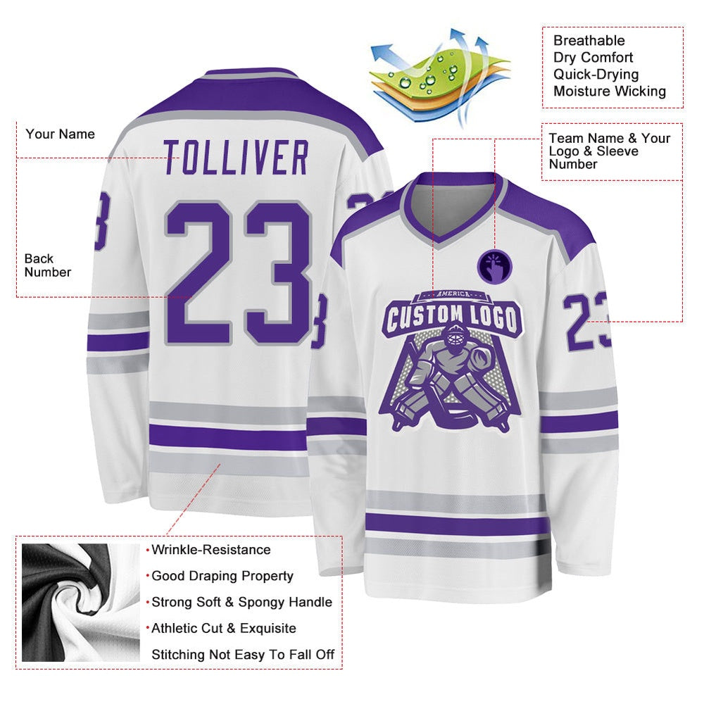 Usa Hockey Jersey, Custom White Purple Gray Hockey Jersey, Team Hockey Jerseys