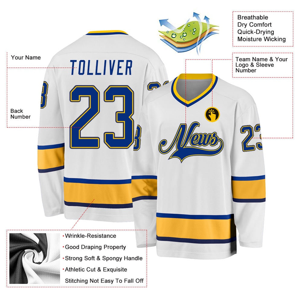 Usa Hockey Jersey, Custom White Royal Gold Hockey Jersey, Team Hockey Jerseys