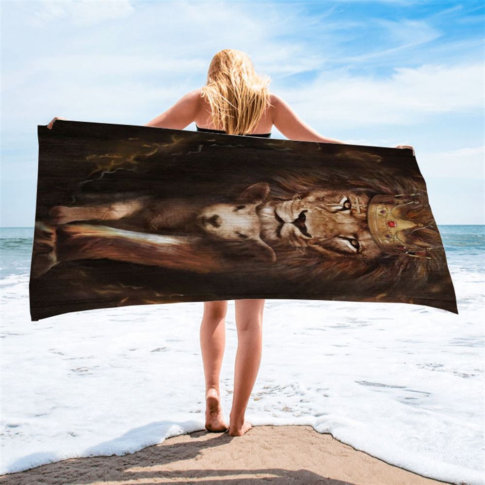 Watercolor Lion Lamb Of God Golden Crown Beach Towel, Christian Beach Towel, Christian Gift, Gift For Women