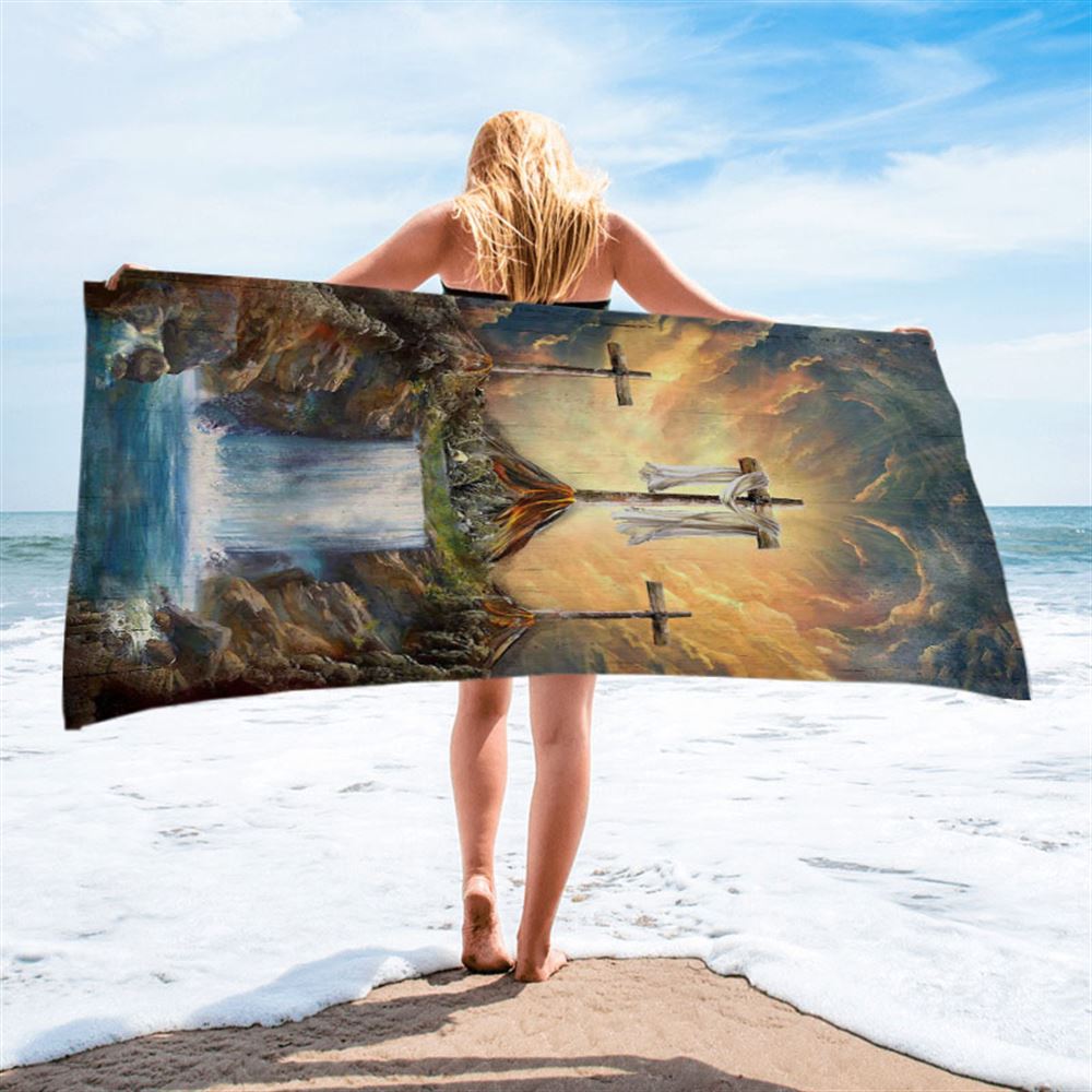 Waterfall Painting Light From Heaven The Three Crosses Beach Towel - Christian Art - Bible Verse Beach Towel - Religious Beach Towel