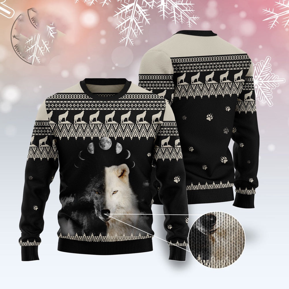 Wolf Day And Night Ugly Christmas Sweater, Funny Xmas Sweater, Sweater Xmas