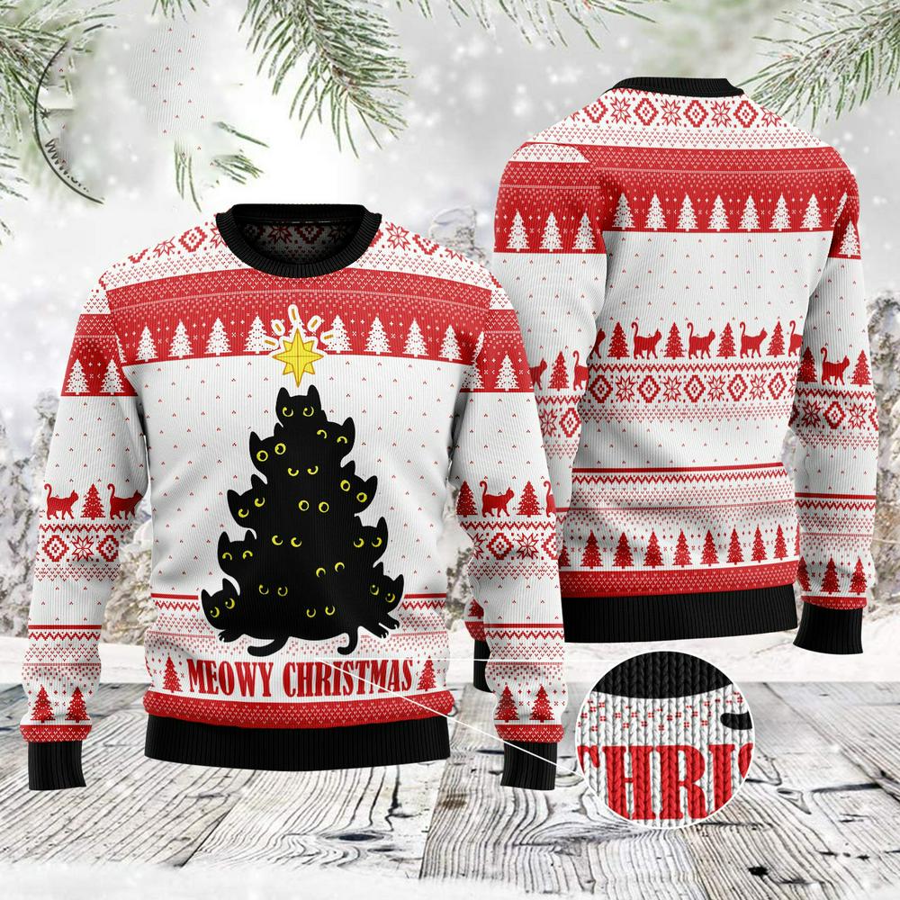 Xmas Tree Sweater, Black Meowy Christmas Tree Ugly Christmas Sweater, Funny Xmas Sweater