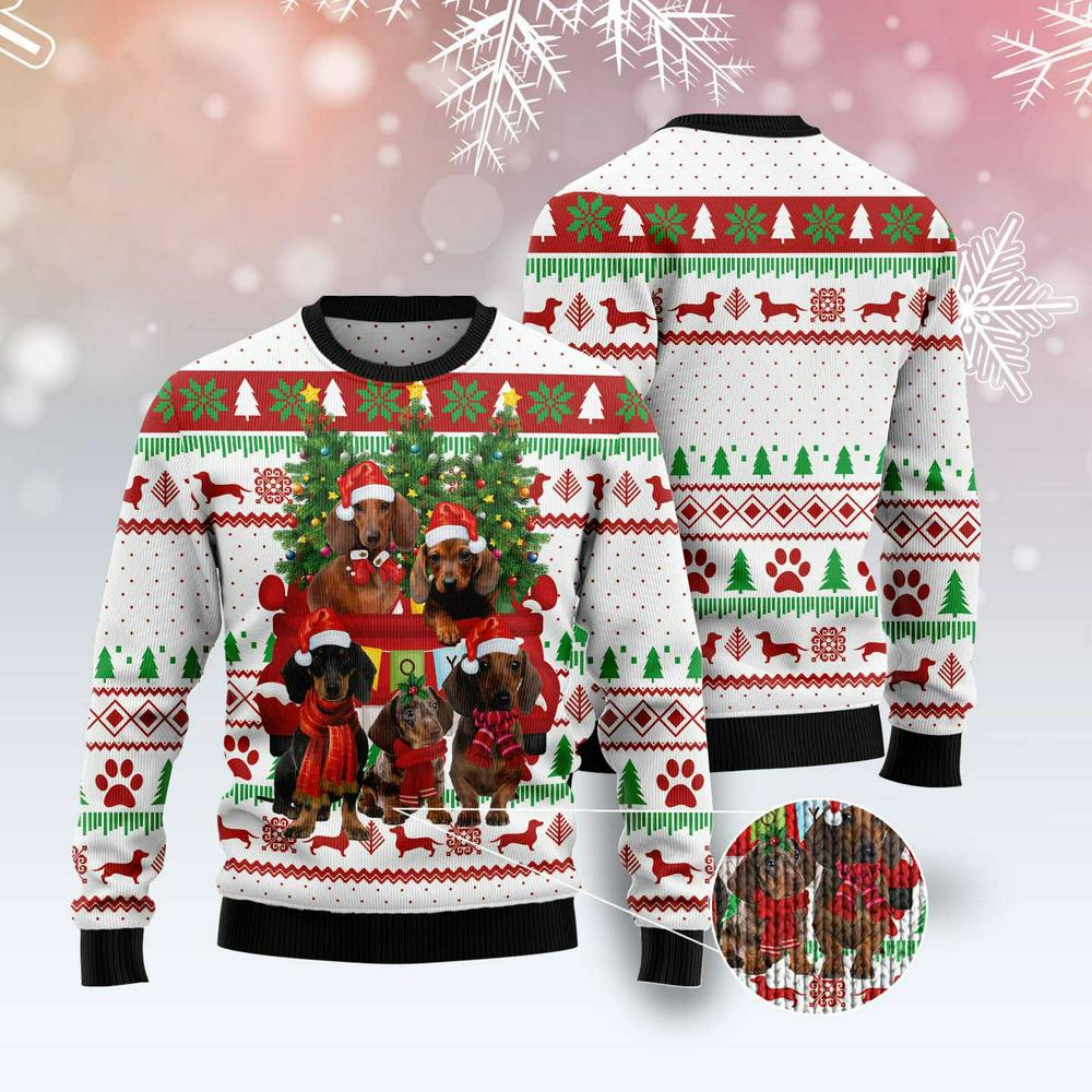 Xmas Tree Sweater, Dachshund Red Truck Christmas Tree Ugly Christmas Sweater, Funny Xmas Sweater