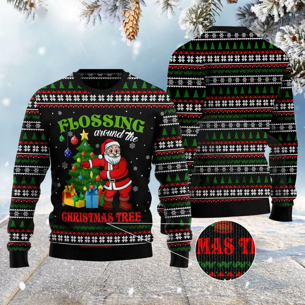 Xmas Tree Sweater, Flossing Around The Christmas Tree Ugly Christmas Sweater, Funny Xmas Sweater