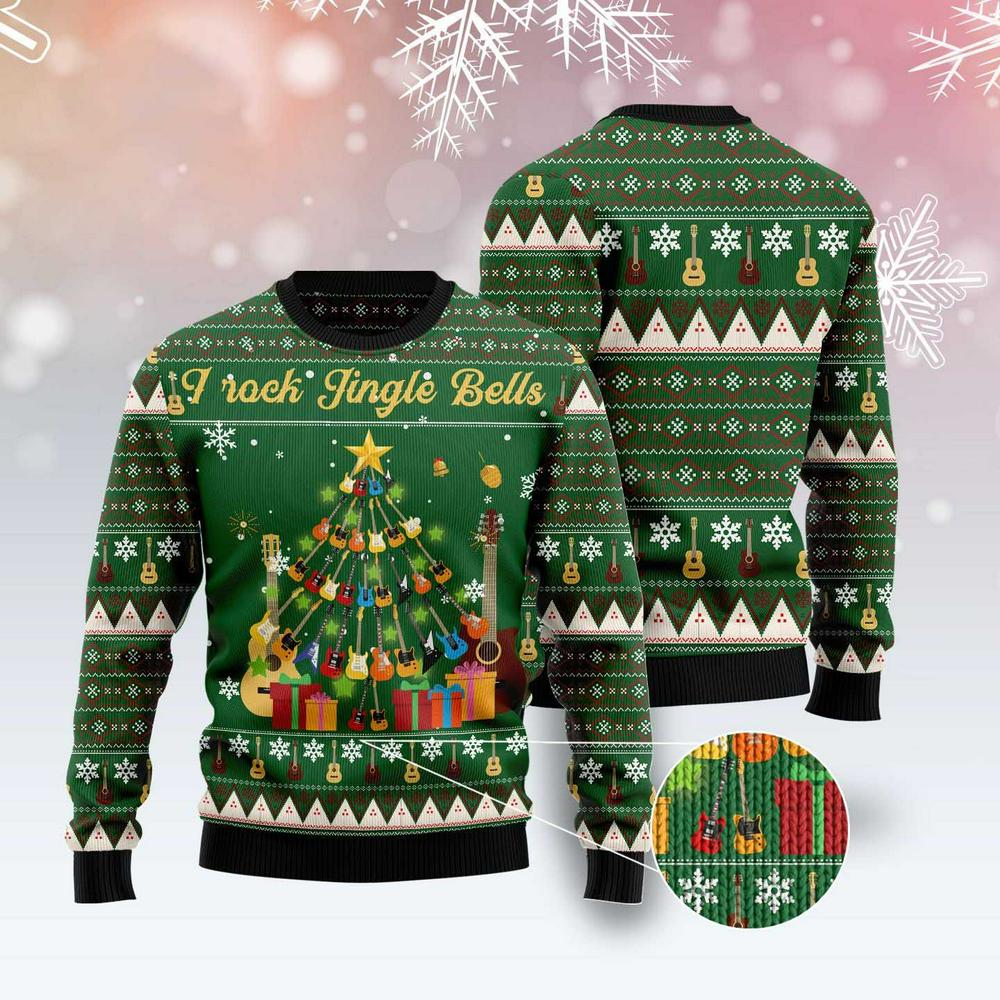 Xmas Tree Sweater, I Rock Jingle Bells Guita Christmas Tree Ugly Christmas Sweater, Funny Xmas Sweater