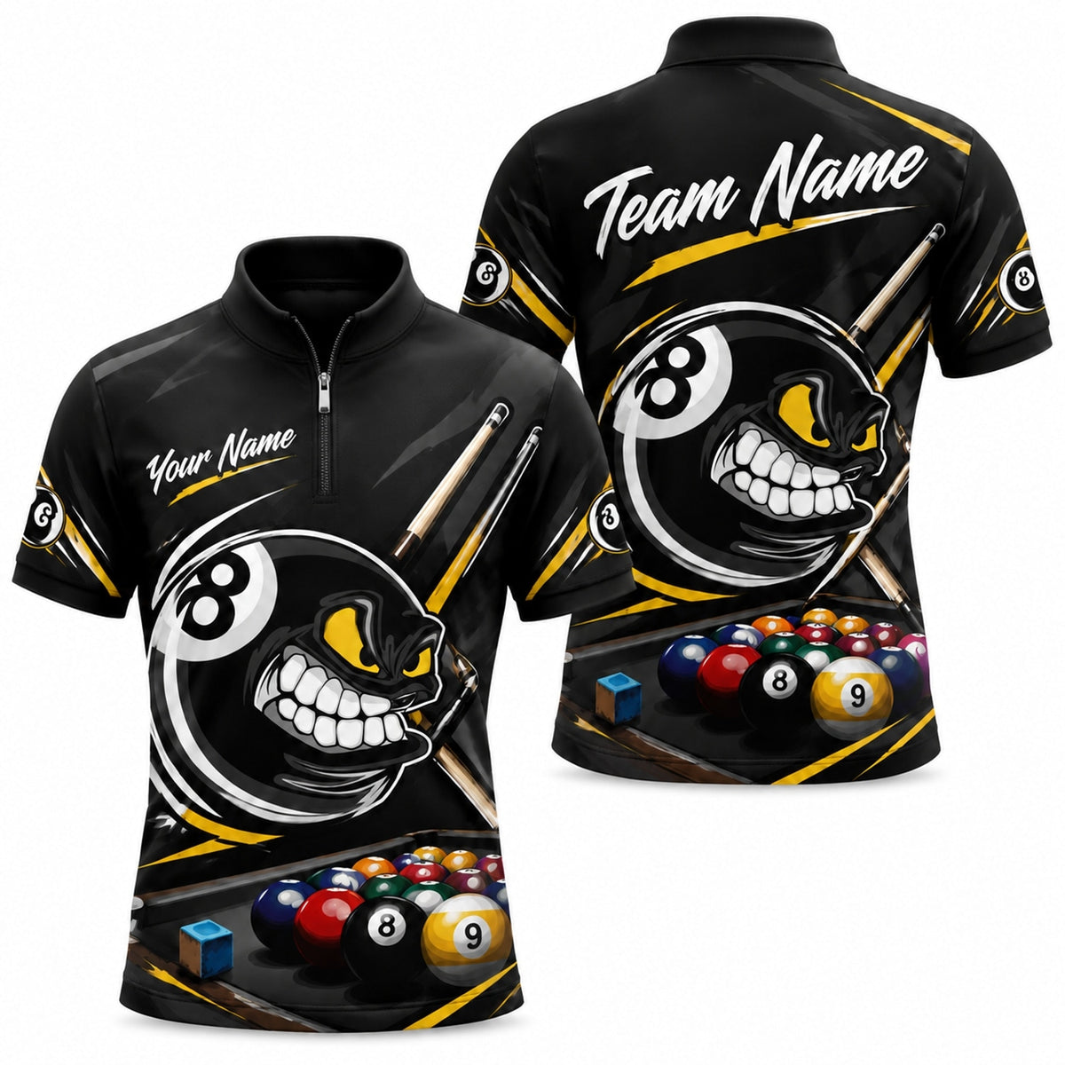 Aggressive 8 Ball Sport Personalized Billiard Polo Shirt Jersey Zip 1 4 Collar