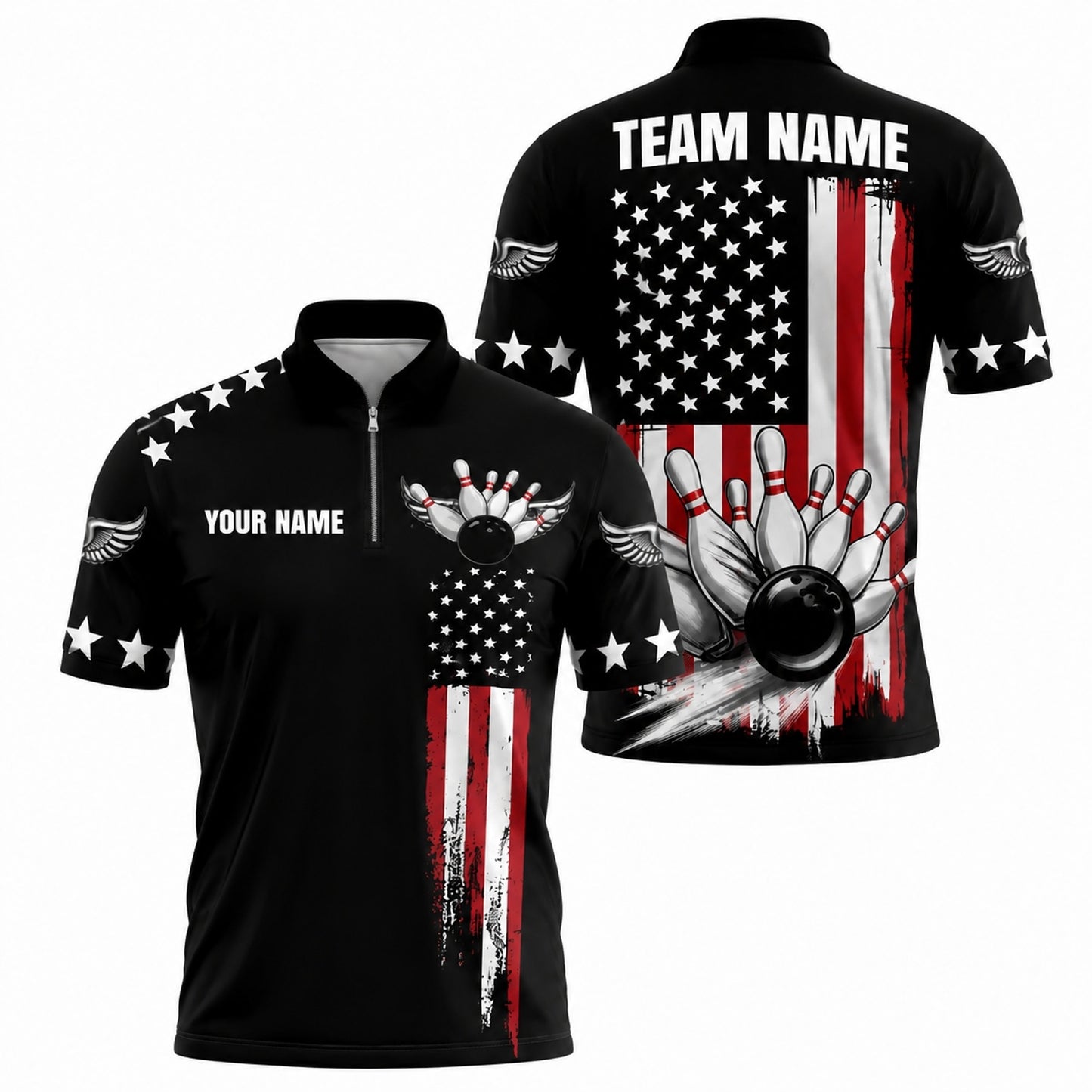 American Flag Bowling Ball Sport Custom Bowling Polo Shirt Jersey Zip 1 4 Collar