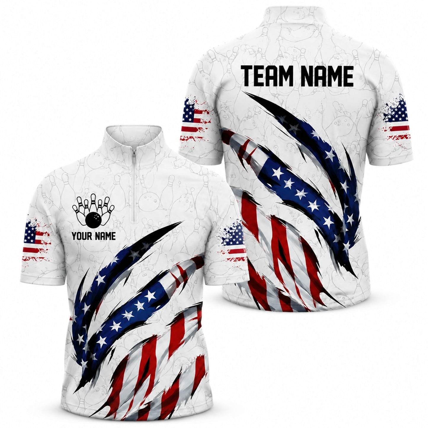 American Flag Bowling Claw Sport Personalized Bowling Polo Shirt Jersey Zip 1 4 Collar