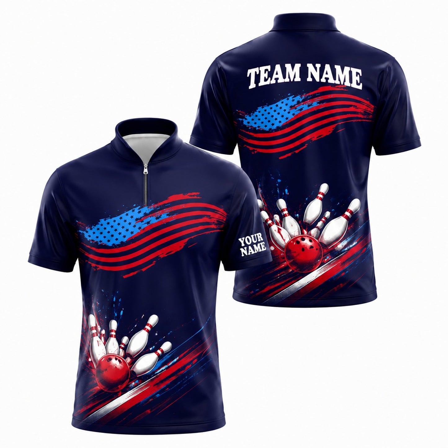American Flag Bowling Strike Sport Custom Bowling Polo Shirt Jersey Zip 1 4 Collar