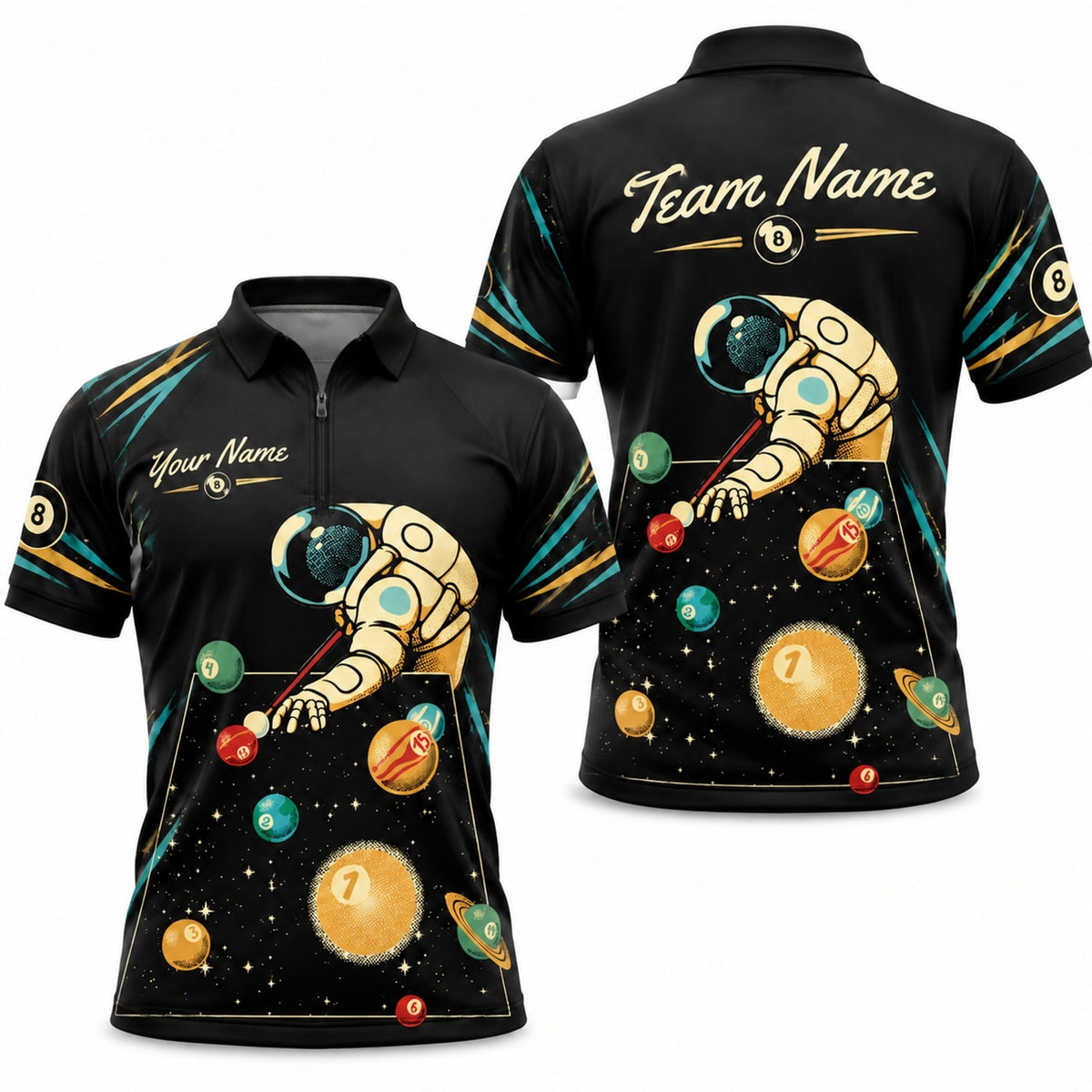 Astronaut Billiards Graphic Personalized Billiard Polo Shirt Jersey Zip 1 4 Collar