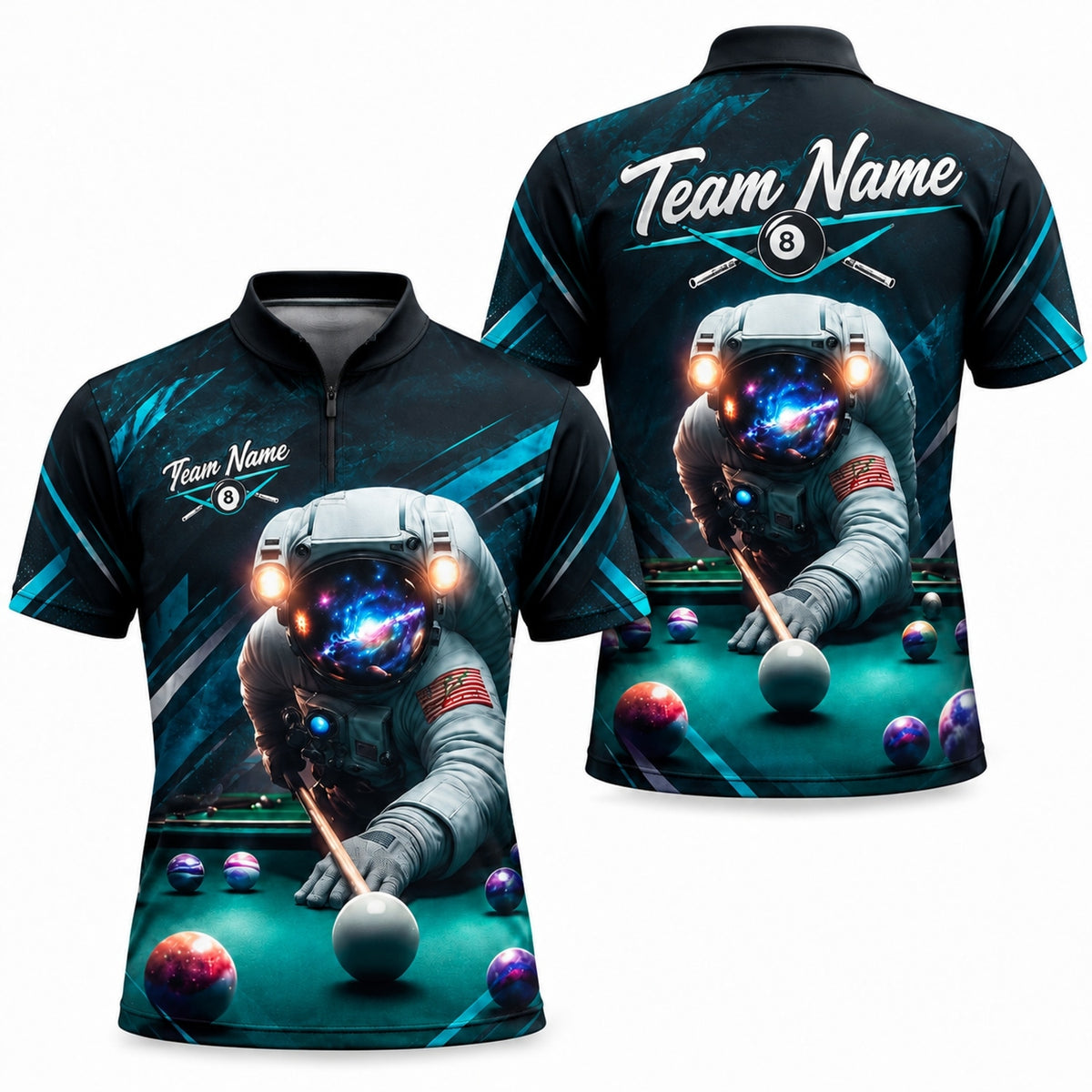 Astronaut Billiards Shooter Graphic Personalized Billiard Polo Shirt Jersey Zip 1 4 Collar
