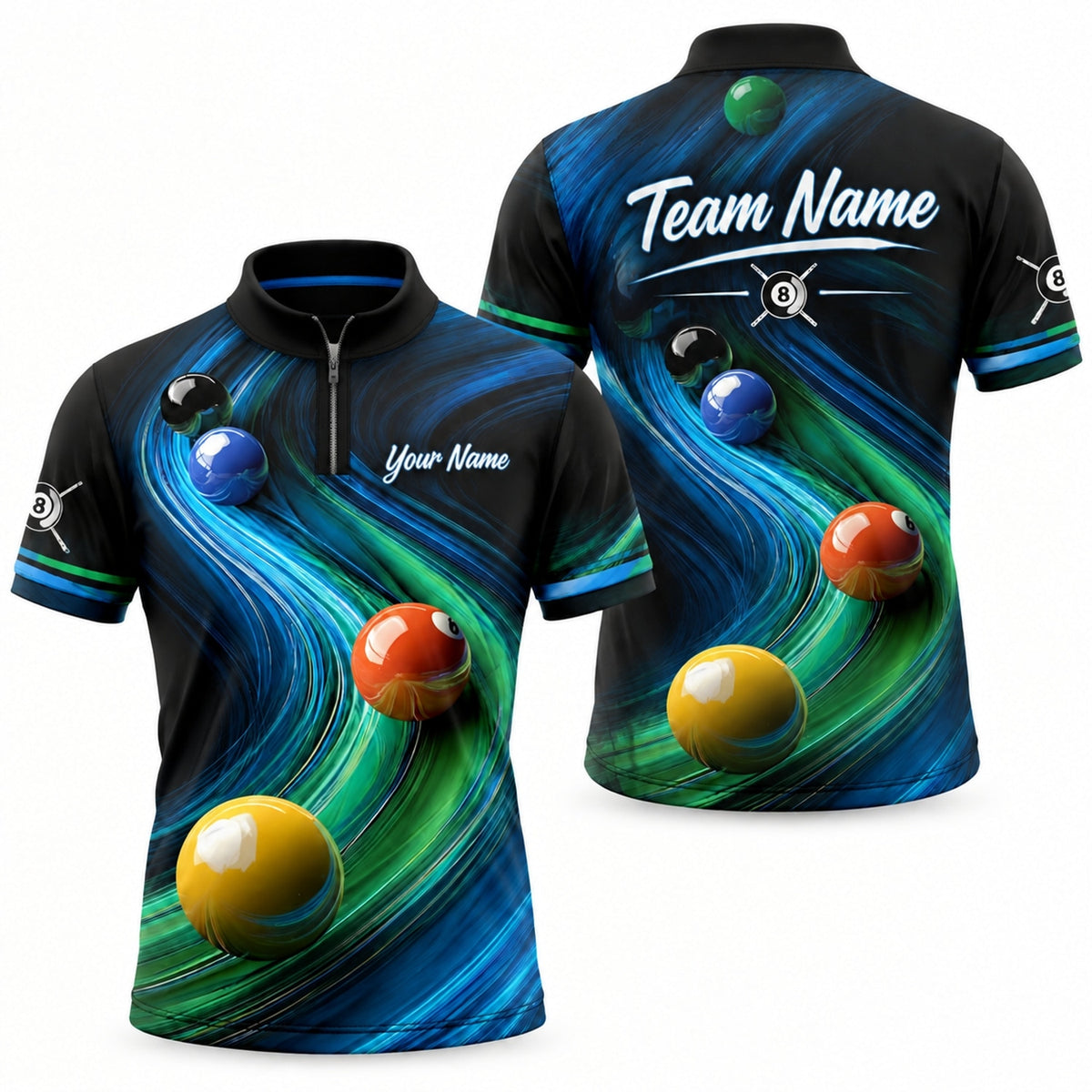 Billiard Balls Abstract Flow Custom Billiard Polo Shirt Jersey Zip 1 4 Collar