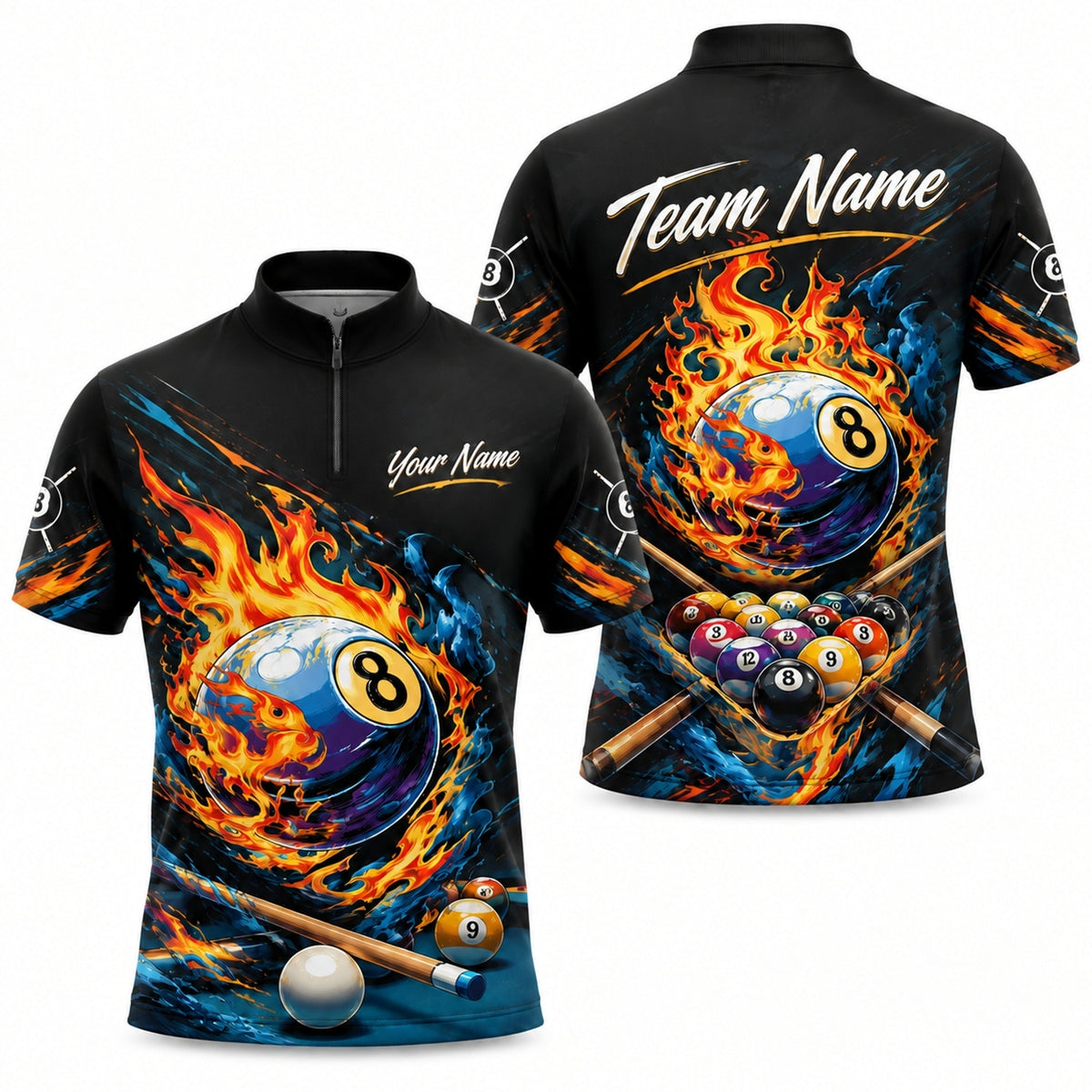 Blazing 8 Ball Sport Personalized Billiard Polo Shirt Jersey Zip 1 4 Collar
