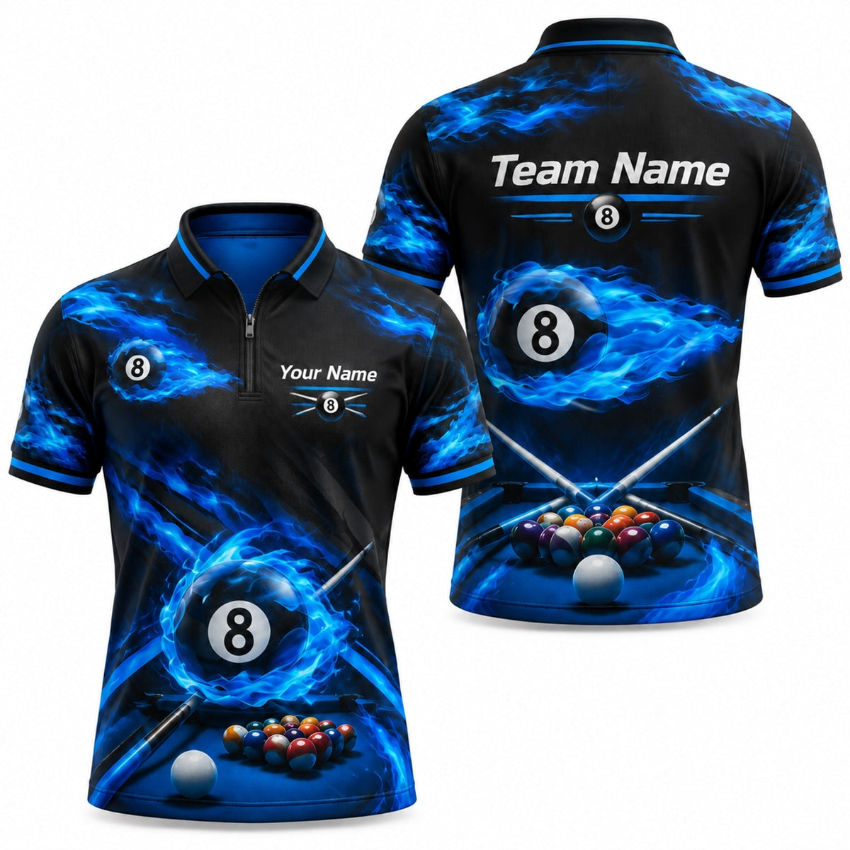 Blue Fire Eight Ball Sport Personalized Billiard Polo Shirt Jersey Zip 1 4 Collar