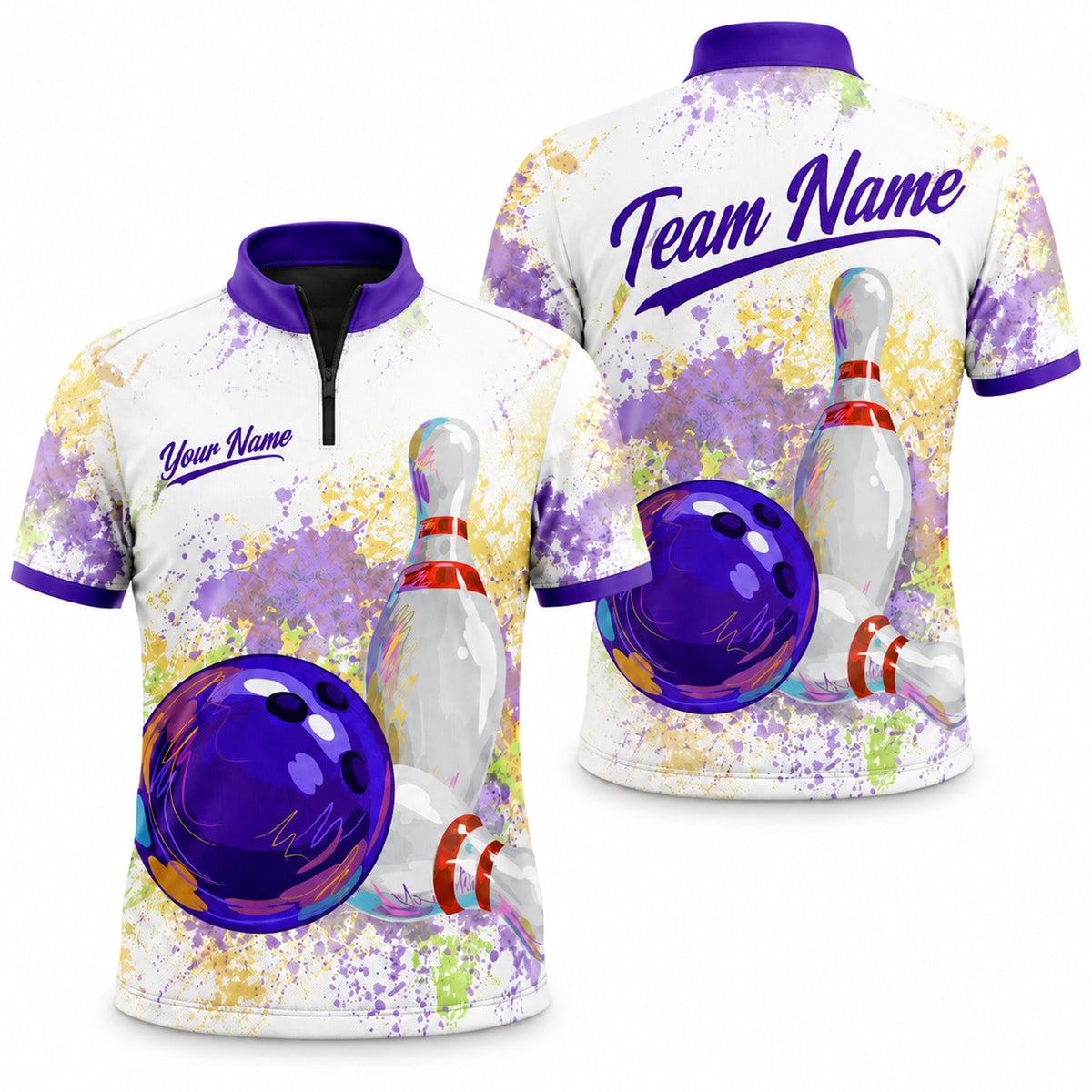 Bowling Ball And Pins Graphic Custom Bowling Polo Shirt Jersey Zip 1 4 Collar