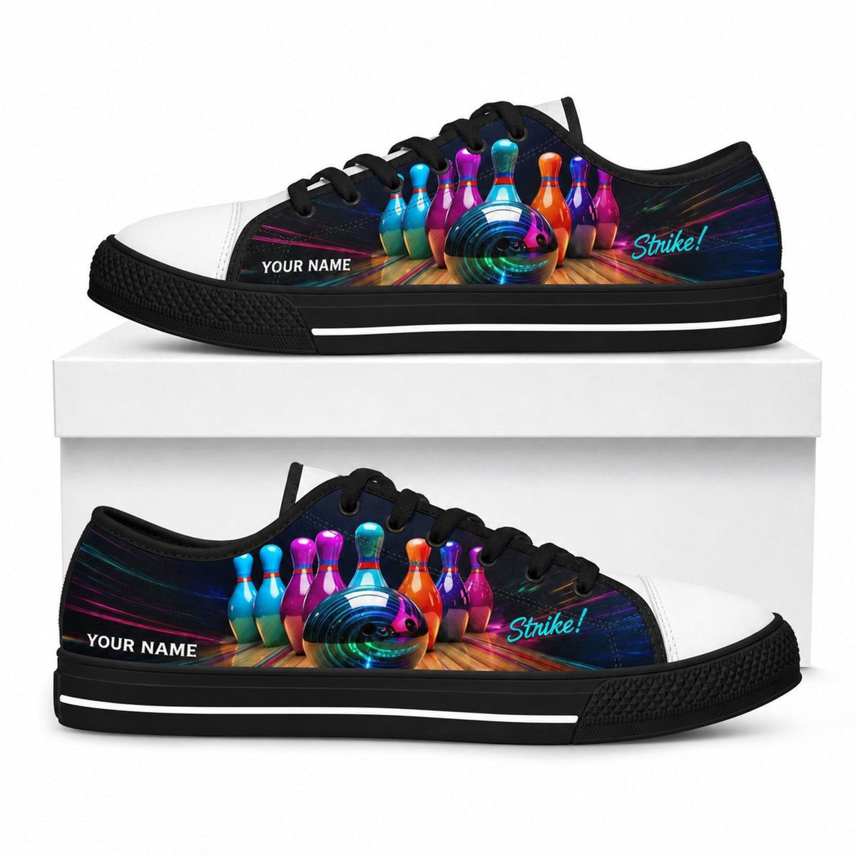 Bowling Ball And Pins Graphic Custom Low Top Shoes Box Black