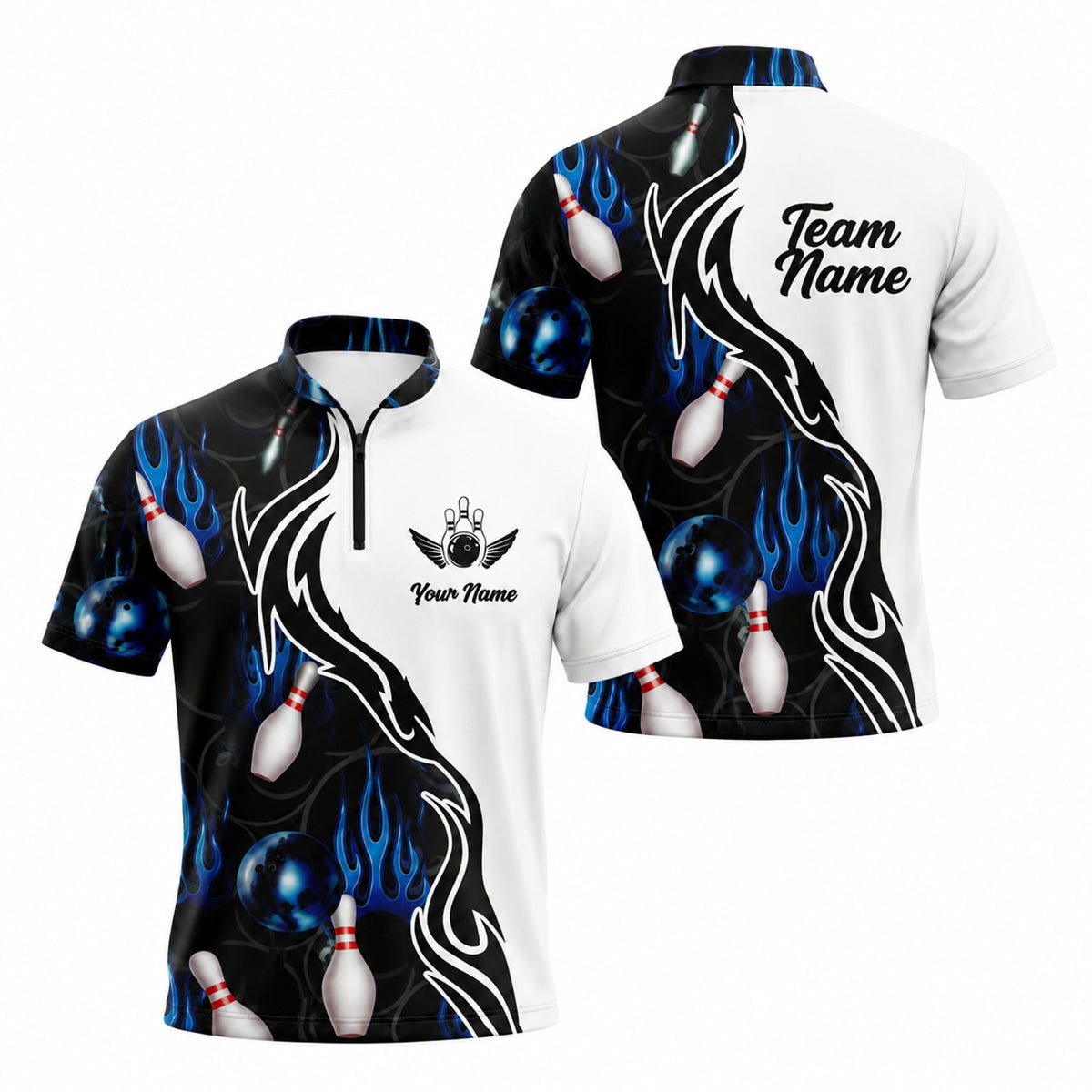 Bowling Ball Blue Flames Sport Custom Bowling Polo Shirt Jersey Zip 1 4 Collar
