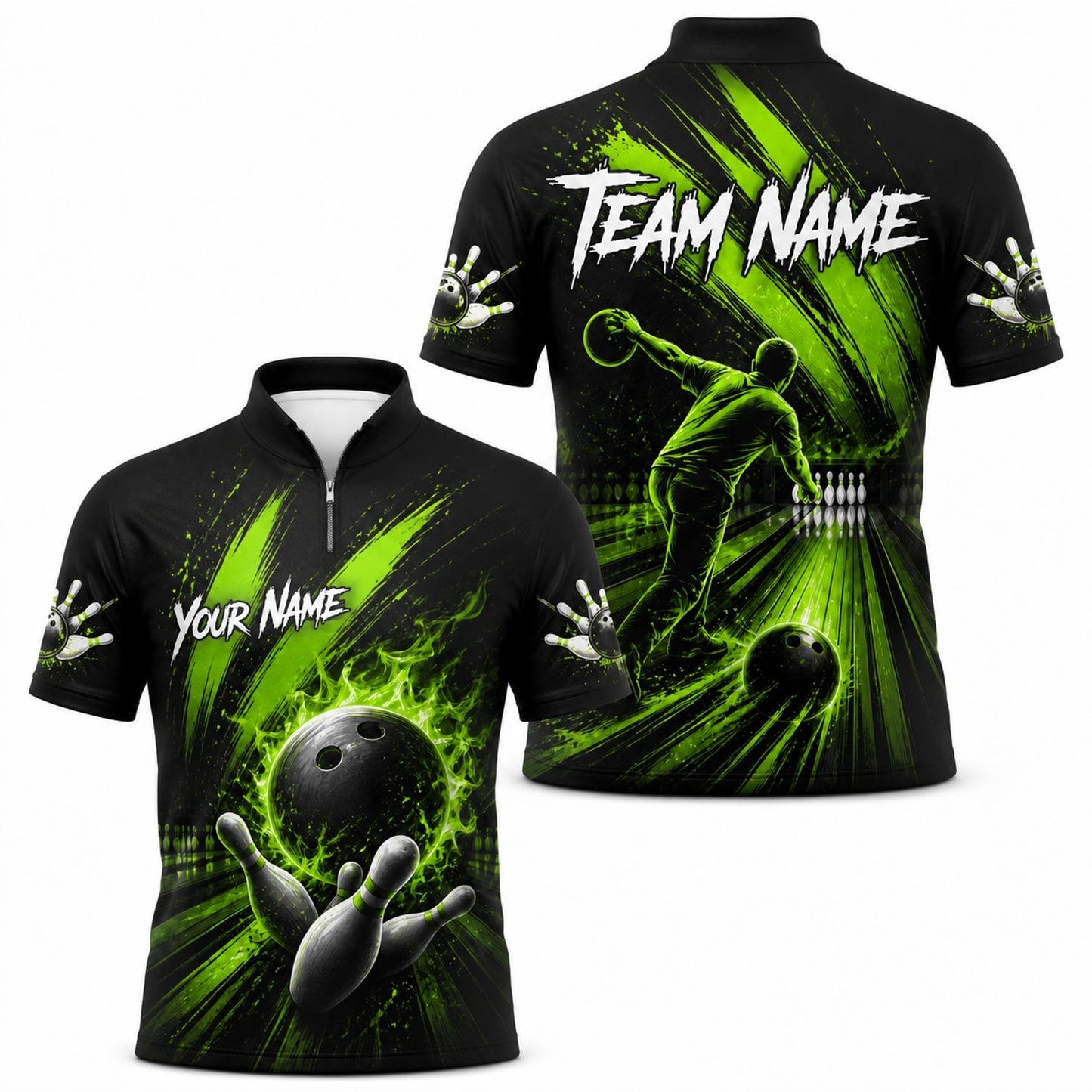 Bowling Ball Flames Sport Custom Bowling Polo Shirt Jersey Zip 1 4 Collar
