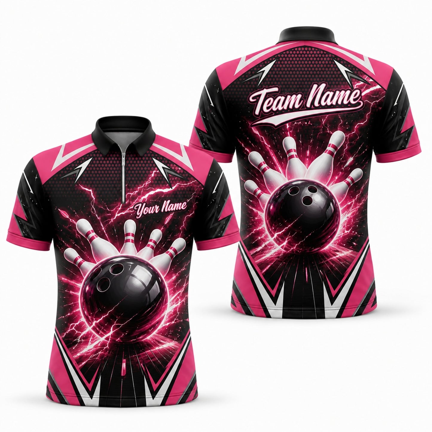 Bowling Ball Lightning Strike Personalized Bowling Polo Shirt Jersey Zip 1 4 Collar