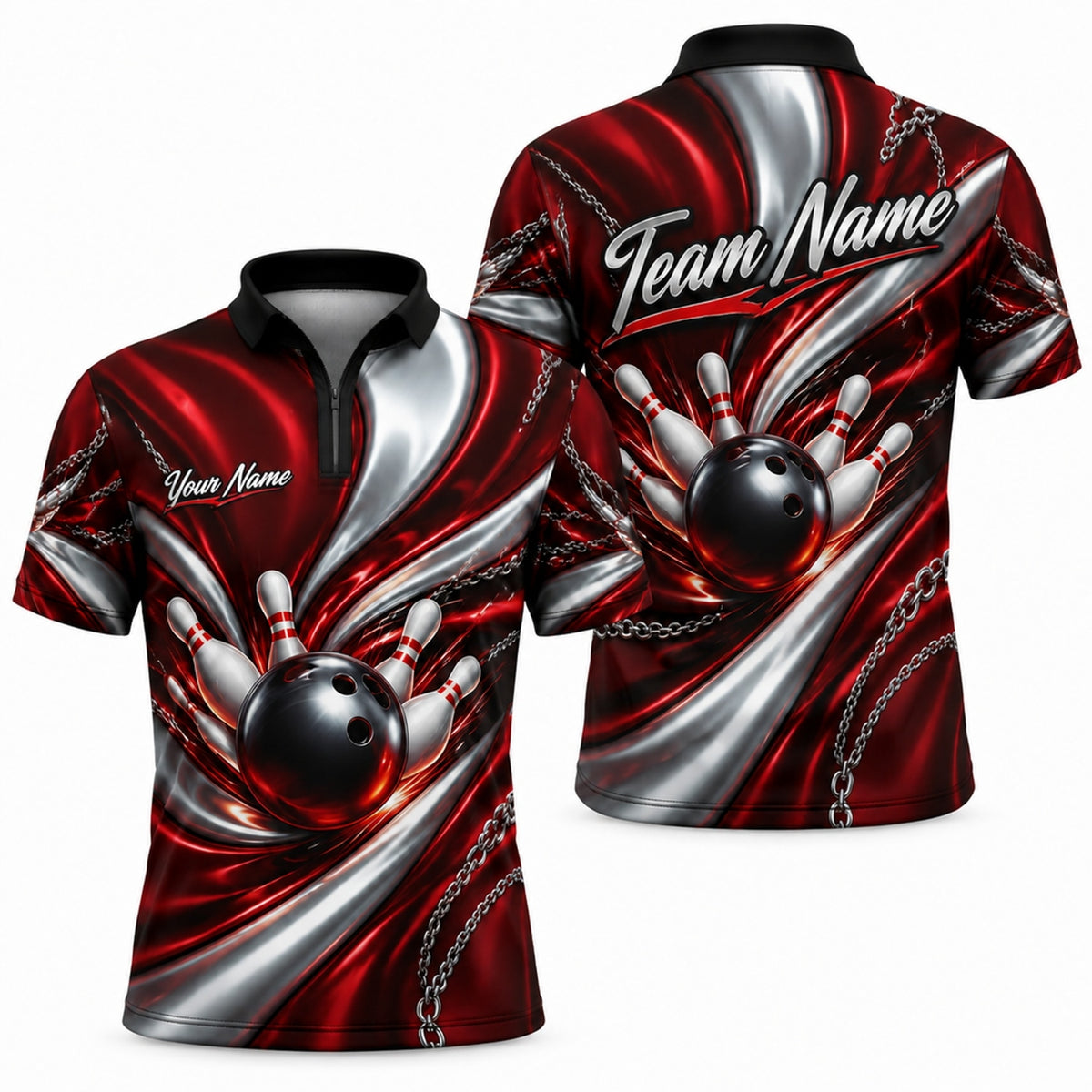 Bowling Ball Strike Chains Personalized Bowling Polo Shirt Jersey Zip 1 4 Collar