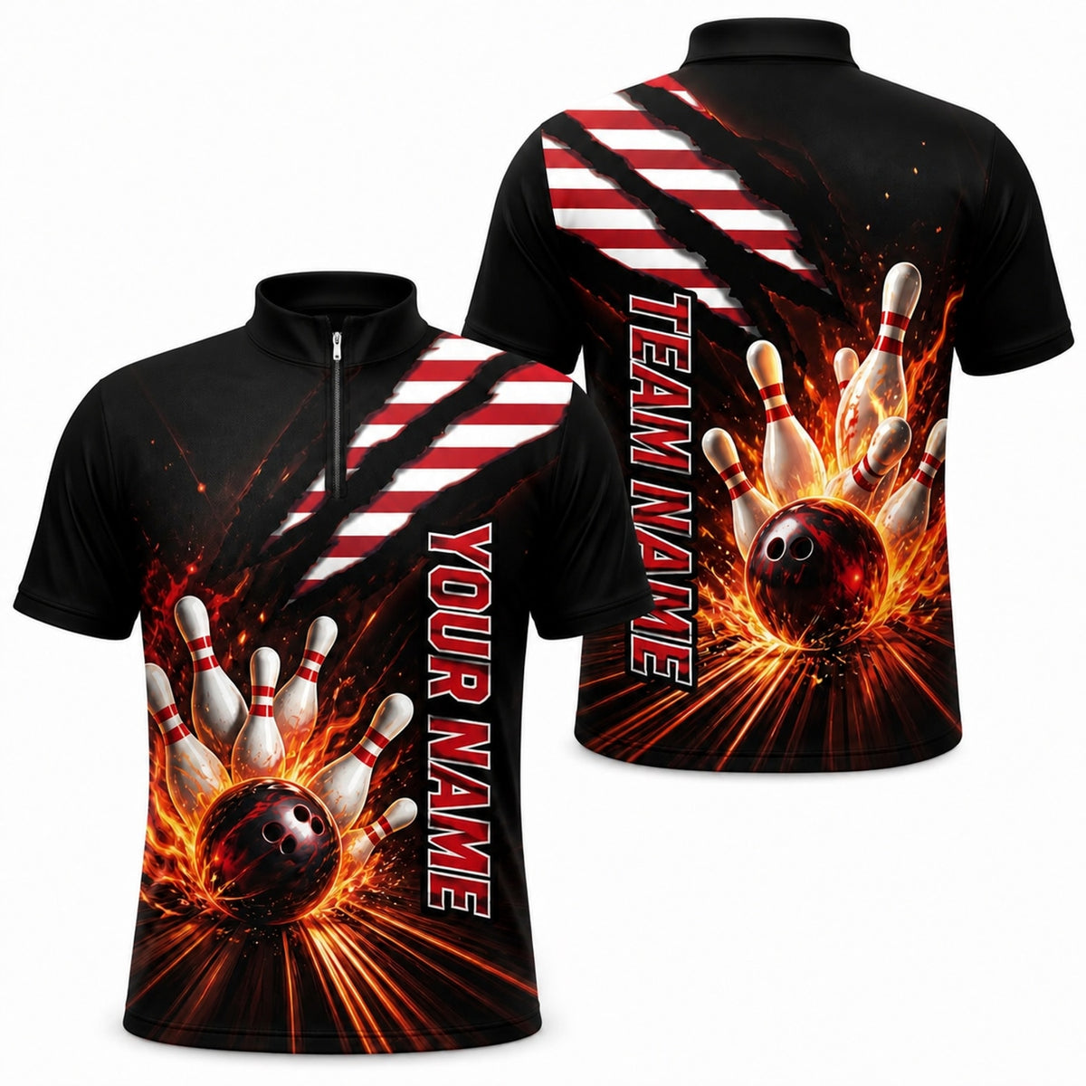 Bowling Ball Strike Flames Sport Personalized Bowling Polo Shirt Jersey Zip 1 4 Collar