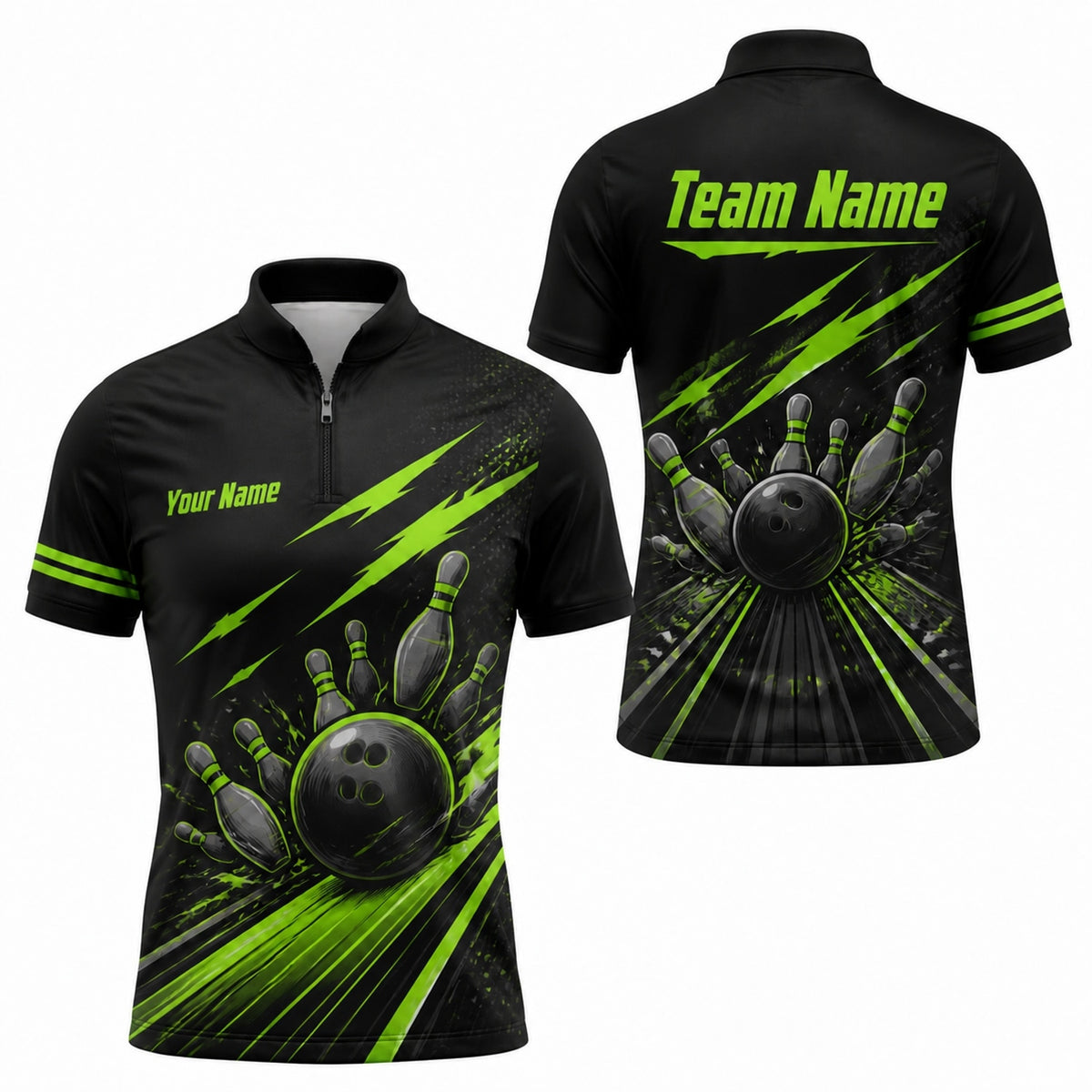 Bowling Ball Strike Lightning Custom Bowling Polo Shirt Jersey Zip 1 4 Collar