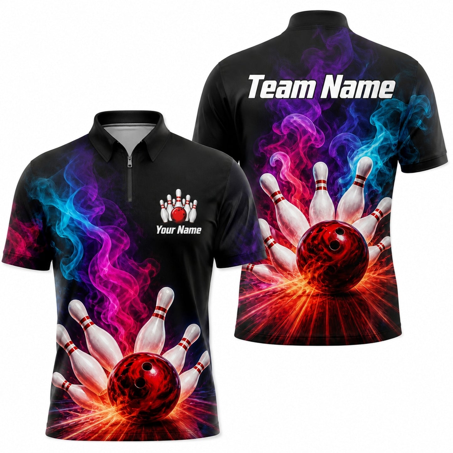 Bowling Ball Strike Smoke Custom Bowling Polo Shirt Jersey Zip 1 4 Collar