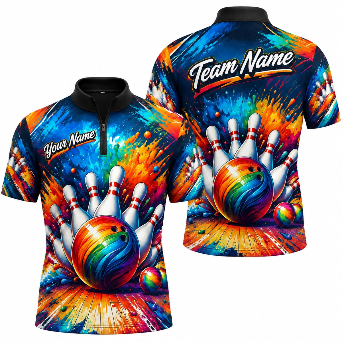 Bowling Ball Strike Splash Modern Personalized Bowling Polo Shirt Jersey Zip 1 4 Collar