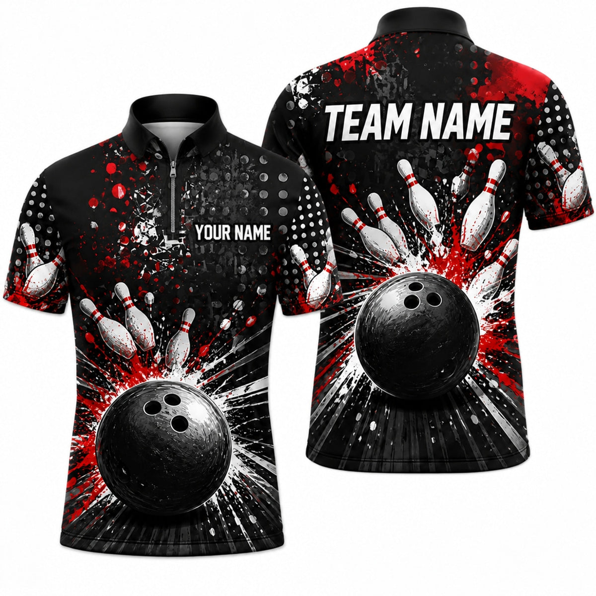 Bowling Ball Strike Splash Personalized Bowling Polo Shirt Jersey Zip 1 4 Collar