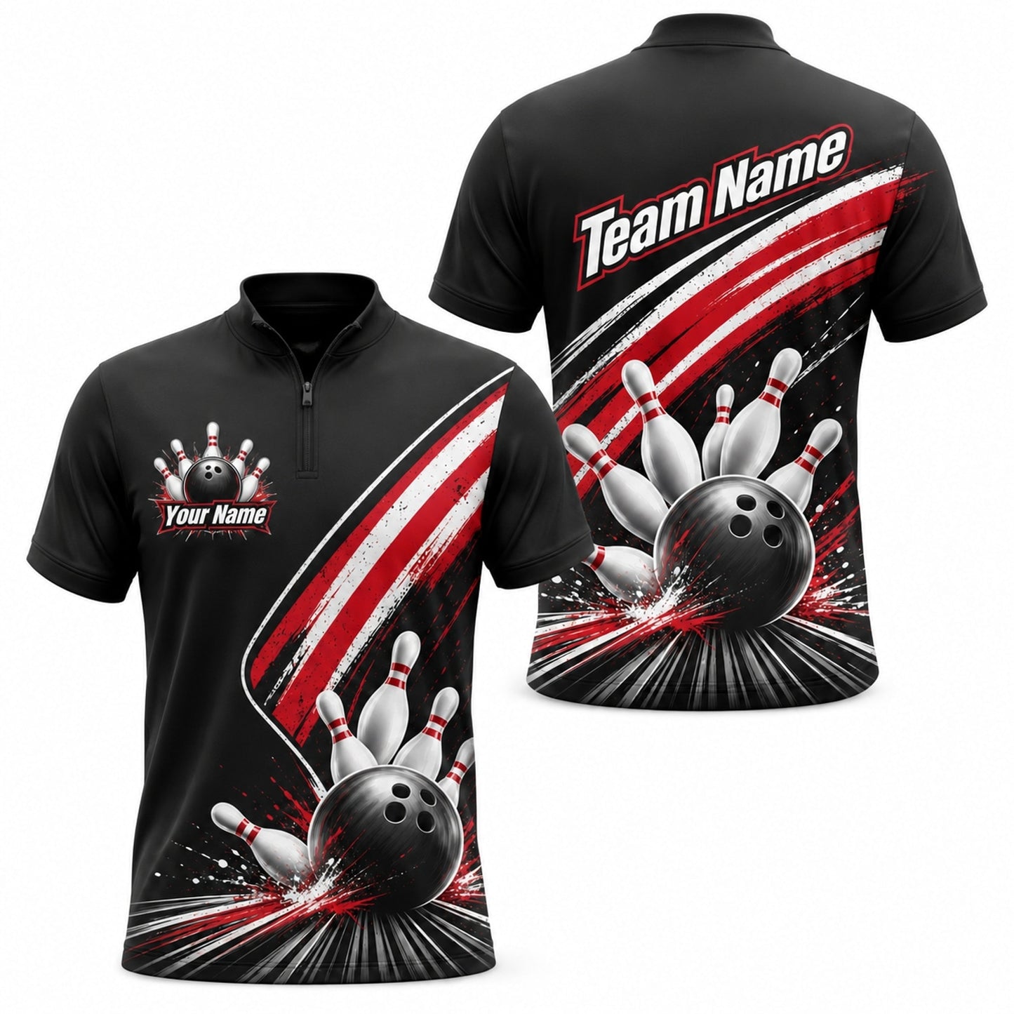 Bowling Ball Strike Splash Sport Custom Bowling Polo Shirt Jersey Zip 1 4 Collar
